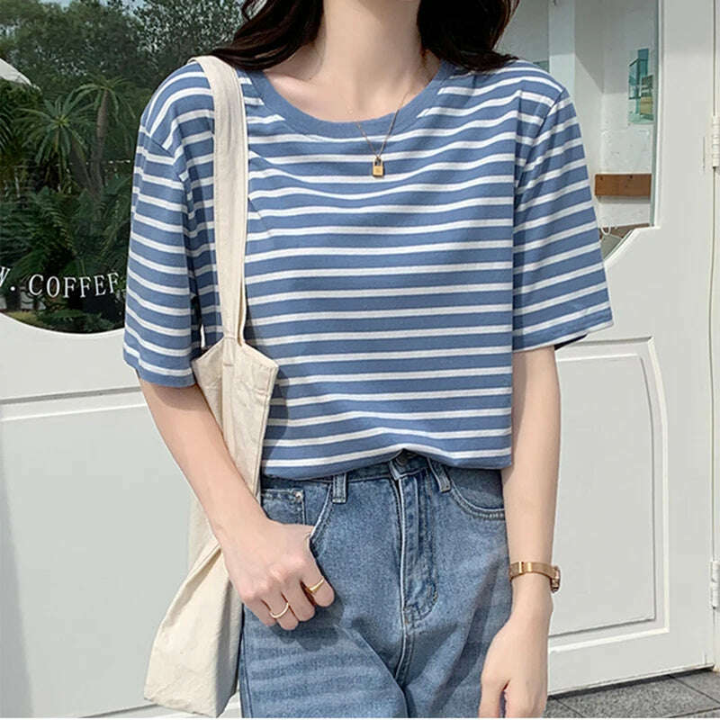 KIMLUD, Cotton T Shirt Women 2023 Summer Loose Striped T Shirts Casual O Neck Basic Ladies Clothes Korean Fashion T-shirt Female Tee Top, KIMLUD Womens Clothes