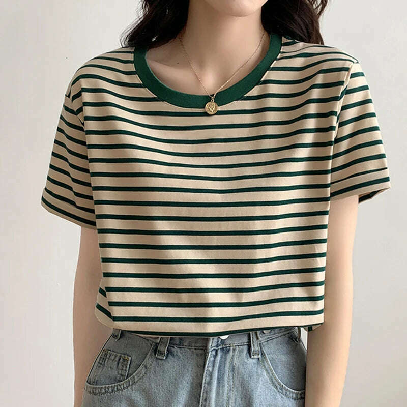 KIMLUD, Cotton T Shirt Women 2023 Summer Loose Striped T Shirts Casual O Neck Basic Ladies Clothes Korean Fashion T-shirt Female Tee Top, 965G / L, KIMLUD APPAREL - Womens Clothes