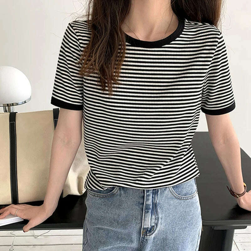 KIMLUD, Cotton T Shirt Women 2023 Summer Loose Striped T Shirts Casual O Neck Basic Ladies Clothes Korean Fashion T-shirt Female Tee Top, 6106B / L, KIMLUD APPAREL - Womens Clothes