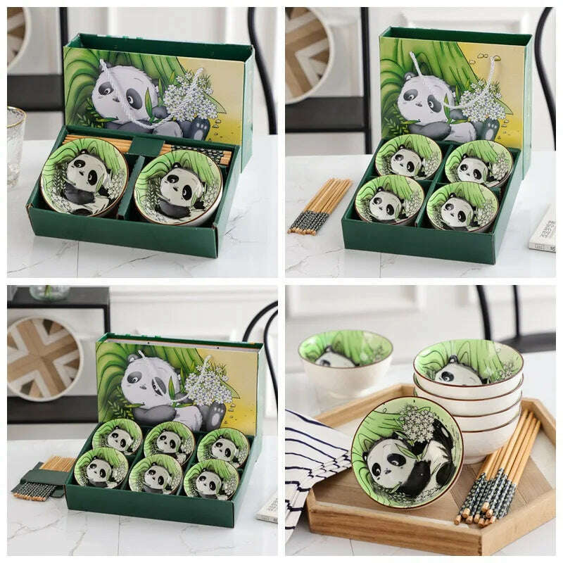 KIMLUD, Creative Chinese Hand-painted Ceramic Bowls Tableware Cartoon Panda Gifts Bowls Chopsticks Set Gift Box Dishes, KIMLUD Womens Clothes