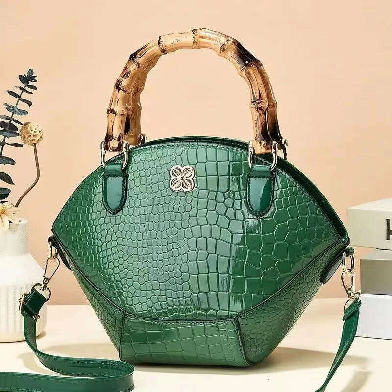 KIMLUD, Crocodile Pattern Creative Shell Shaped Shoulder Bags High Quality Retro Bamboo Joint Handle Handbag Women Office Crossbody Bag, Green, KIMLUD APPAREL - Womens Clothes