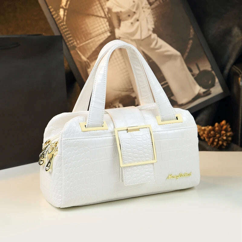 KIMLUD, Crocodile pattern leather Women handbags 2021 female shoulder messenger bag soft leather Portable Boston middle-aged mother bags, White, KIMLUD APPAREL - Womens Clothes