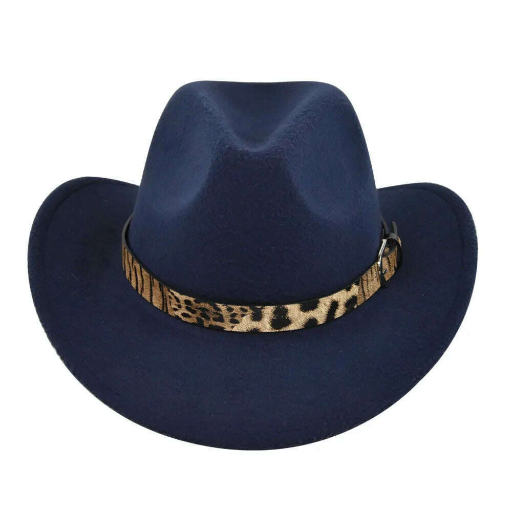 KIMLUD, Cross-Border Fur Felt Sheep Cowboy Leopard Belt Woolen Ethnic A Hood Retro Fedora Hat, BF7133 Navy Blue / M5658cm, KIMLUD APPAREL - Womens Clothes