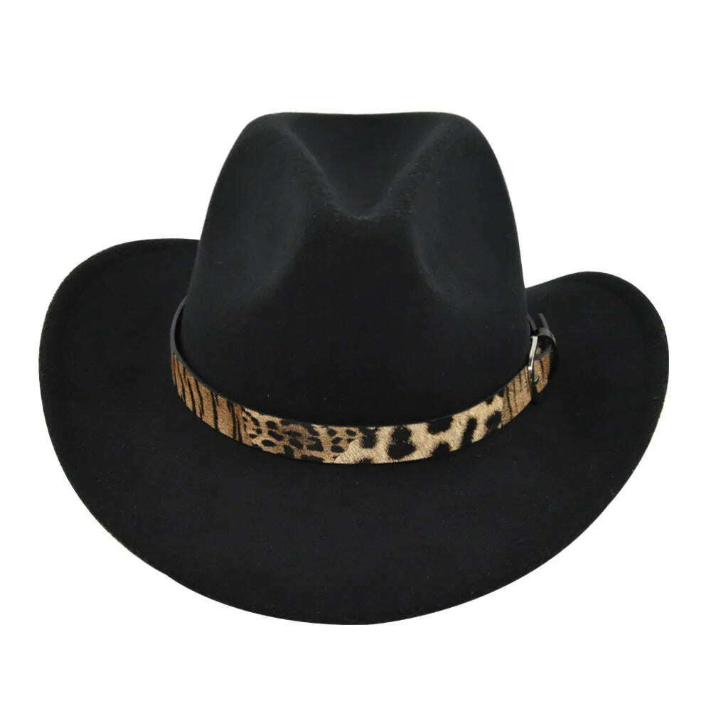 KIMLUD, Cross-Border Fur Felt Sheep Cowboy Leopard Belt Woolen Ethnic A Hood Retro Fedora Hat, BF7131 Black / M5658cm, KIMLUD APPAREL - Womens Clothes