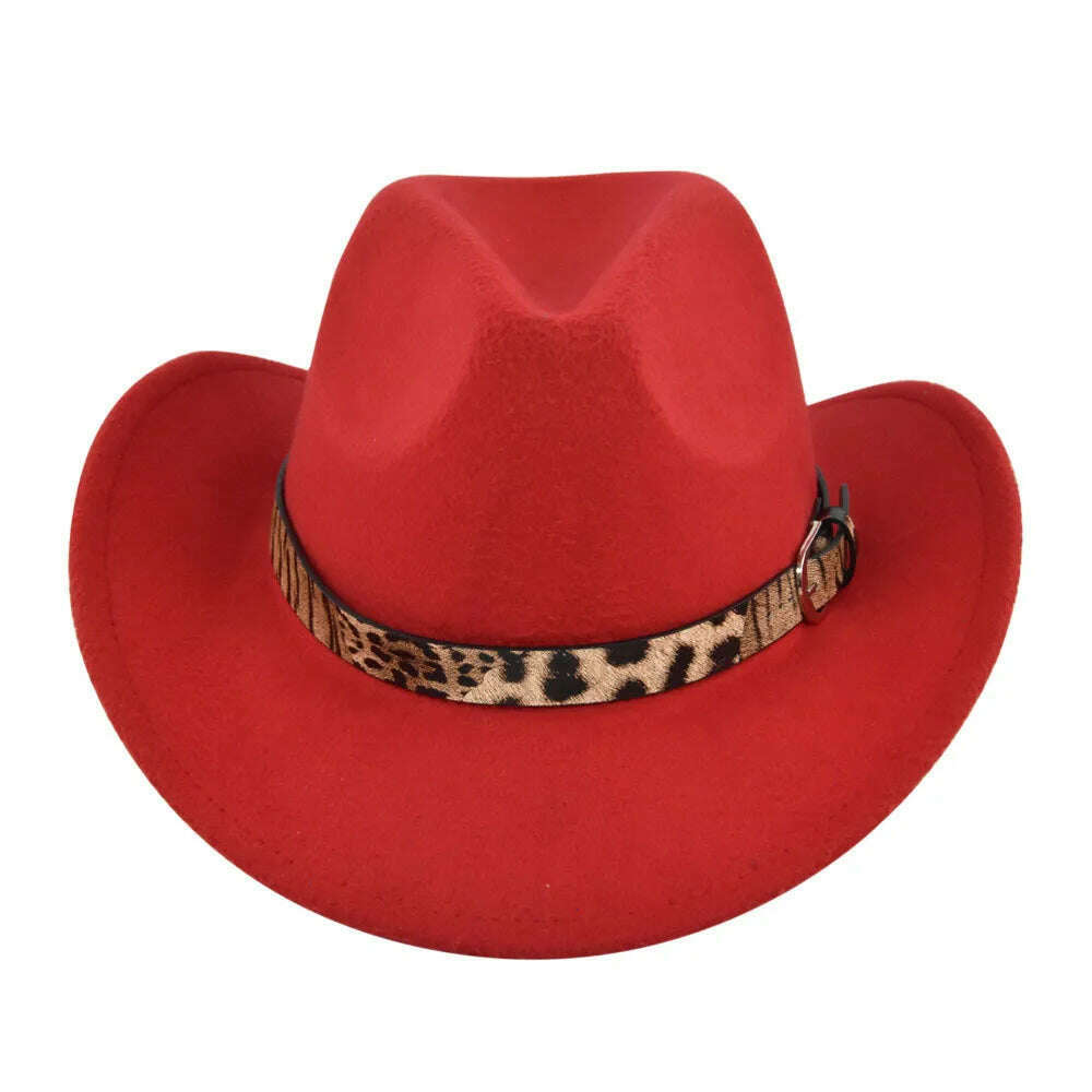 KIMLUD, Cross-Border Fur Felt Sheep Cowboy Leopard Belt Woolen Ethnic A Hood Retro Fedora Hat, BF7135 Red / M5658cm, KIMLUD APPAREL - Womens Clothes