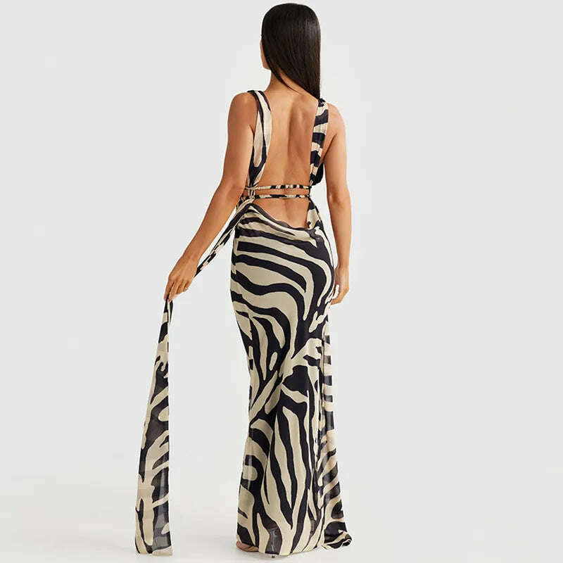 KIMLUD, Cryptographic Zebra Stripes Halter Backless Bandage Maxi Dress for Women Party Outfits Draped V Neck Sexy Gown Dresses Birthday, KIMLUD Womens Clothes