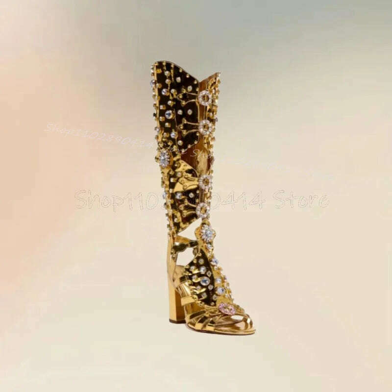 KIMLUD, Crystal Flower Decor Gold Hollow Design Sandals Boots Knee High Women Shoes Chunky High Heels Fashion 2024 Zapatos Para Mujere, KIMLUD Womens Clothes