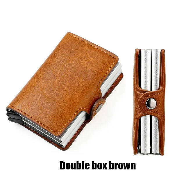 KIMLUD, Custom RFID Blocking Men Wallet Credit Card Holder Leather Card Wallet Double Metal Box ID Card Holder Money Clip Purse New 2023, Double Box Brown, KIMLUD APPAREL - Womens Clothes