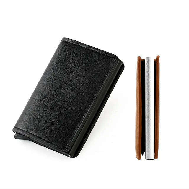 KIMLUD, Custom RFID Blocking Men Wallet Credit Card Holder Leather Card Wallet Double Metal Box ID Card Holder Money Clip Purse New 2023, No Hasp Black, KIMLUD APPAREL - Womens Clothes