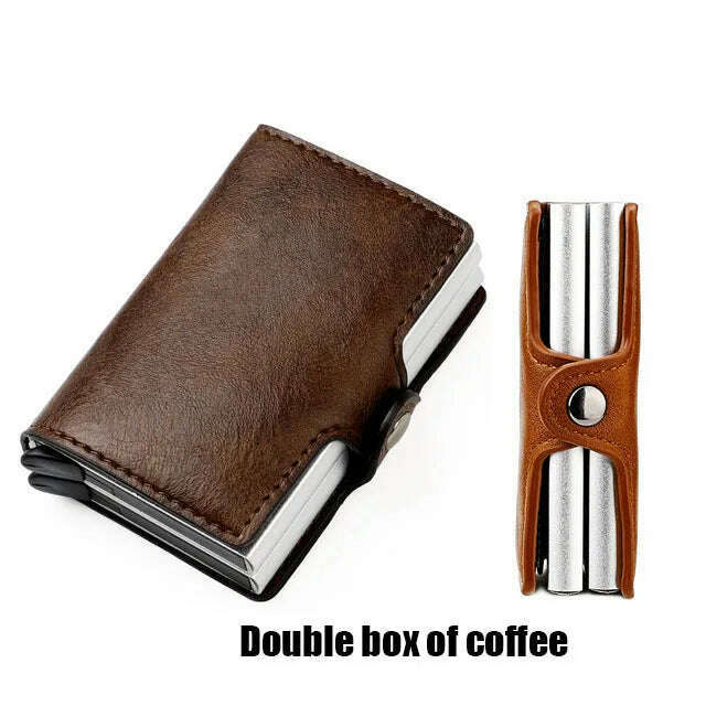 KIMLUD, Custom RFID Blocking Men Wallet Credit Card Holder Leather Card Wallet Double Metal Box ID Card Holder Money Clip Purse New 2023, Double Box Coffee, KIMLUD APPAREL - Womens Clothes