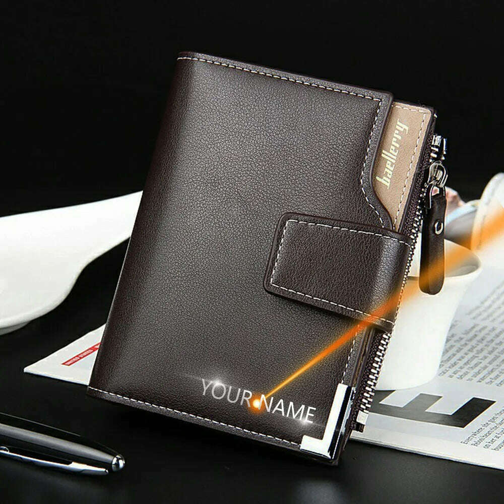 KIMLUD, Customized Men Wallets Name Engraving Card Holders Zipper Fashion Short Men Purse PU Leather High Quality Male Purse For Men, KIMLUD Womens Clothes