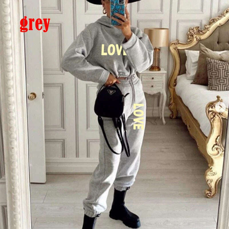 KIMLUD, Cute LOVE Letter Print Tracksuit Women Suit Fleece Hoodies Casual Sports Wear Long Sleeved Sweater Trousers Sexy Suit, GRAY / S, KIMLUD APPAREL - Womens Clothes