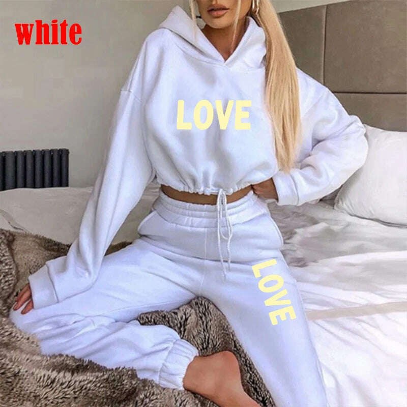 KIMLUD, Cute LOVE Letter Print Tracksuit Women Suit Fleece Hoodies Casual Sports Wear Long Sleeved Sweater Trousers Sexy Suit, WHITE / L, KIMLUD APPAREL - Womens Clothes