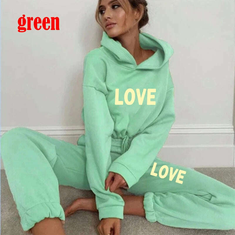 KIMLUD, Cute LOVE Letter Print Tracksuit Women Suit Fleece Hoodies Casual Sports Wear Long Sleeved Sweater Trousers Sexy Suit, green / S, KIMLUD APPAREL - Womens Clothes