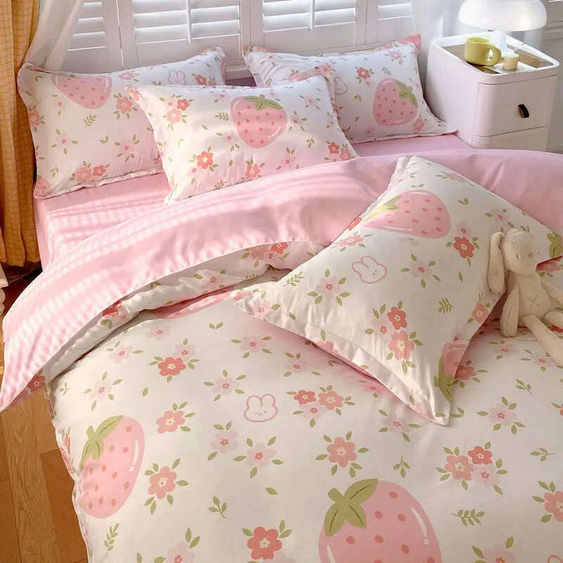 Cute Pink Strawberry Duvet Cover Flat Sheet Pillowcase Floral Bedding Set Girls Bed Linen Soft Thick Washed Cotton Bedclothes - KIMLUD