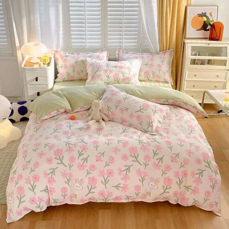 KIMLUD, Cute Pink Strawberry Duvet Cover Flat Sheet Pillowcase Floral Bedding Set Girls Bed Linen Soft Thick Washed Cotton Bedclothes, KIMLUD Womens Clothes