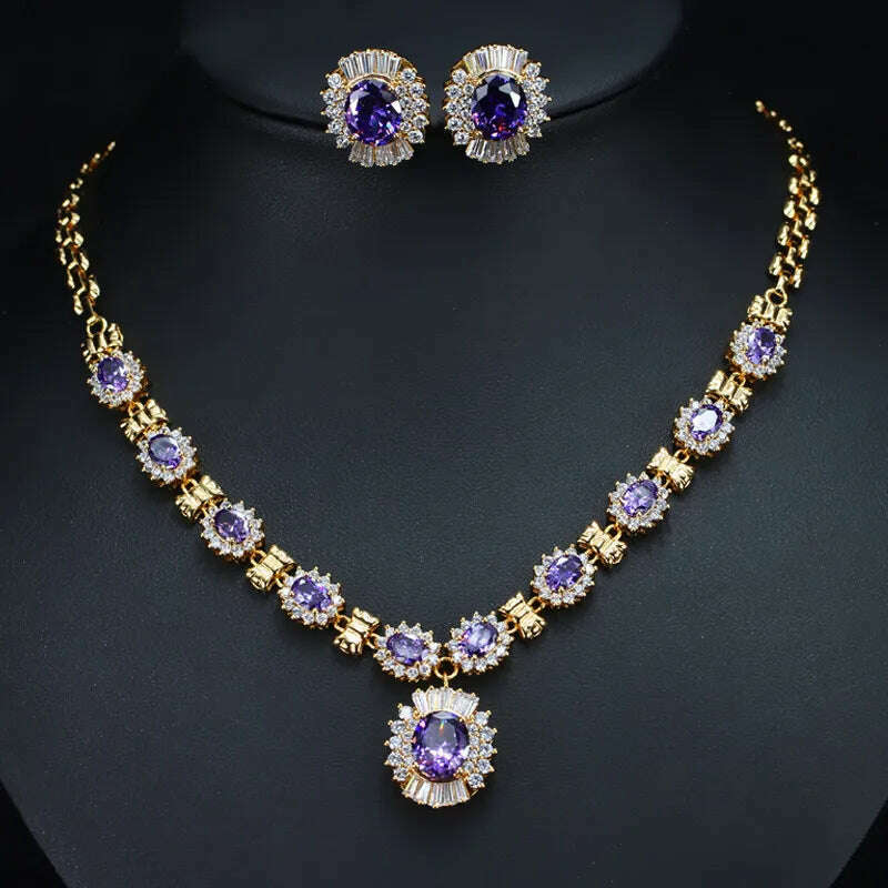 KIMLUD, CWWZircons 6 Color Choice Green Cubic Zirconia Crystal Necklace and Earring Gold Color Indian Wedding Jewelry Set for Women T273, purple, KIMLUD APPAREL - Womens Clothes