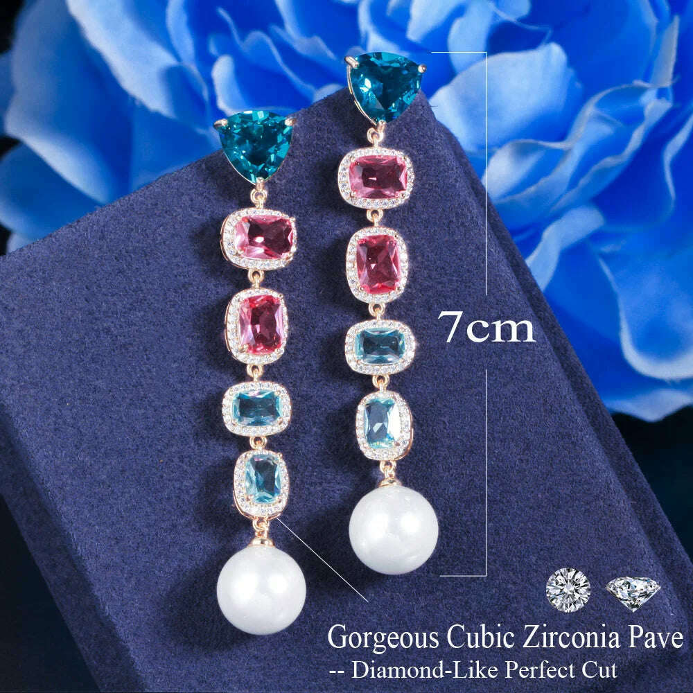 CWWZircons Beautiful Rectangle CZ Crystal Dangle Drop Long Pearl Earrings for Women Delicate Party Engagement Jewellery CZ880 - KIMLUD