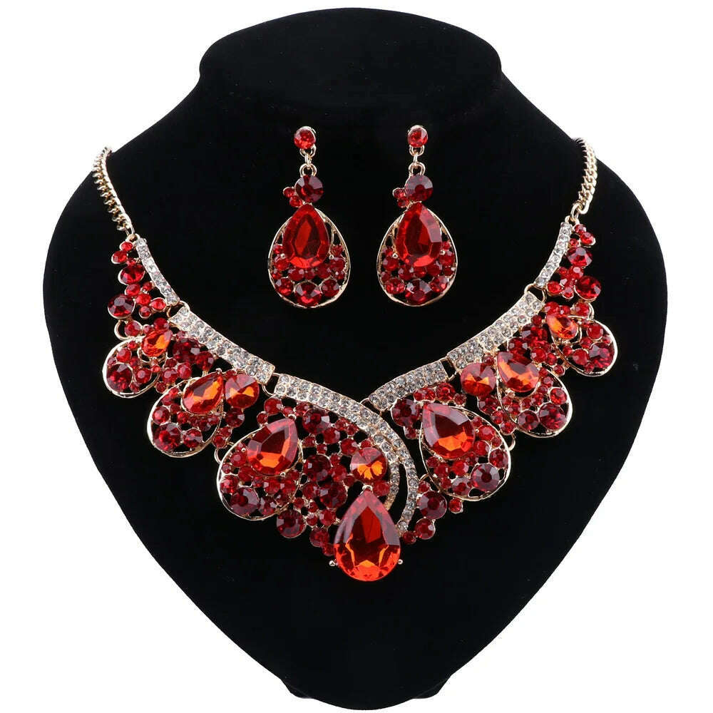 KIMLUD, CYNTHIA Wedding Jewelry Sets Green Crystal Necklace Earrings Set Gifts for Women Dating Party Dresses Gold Color Accessories, Red, KIMLUD APPAREL - Womens Clothes