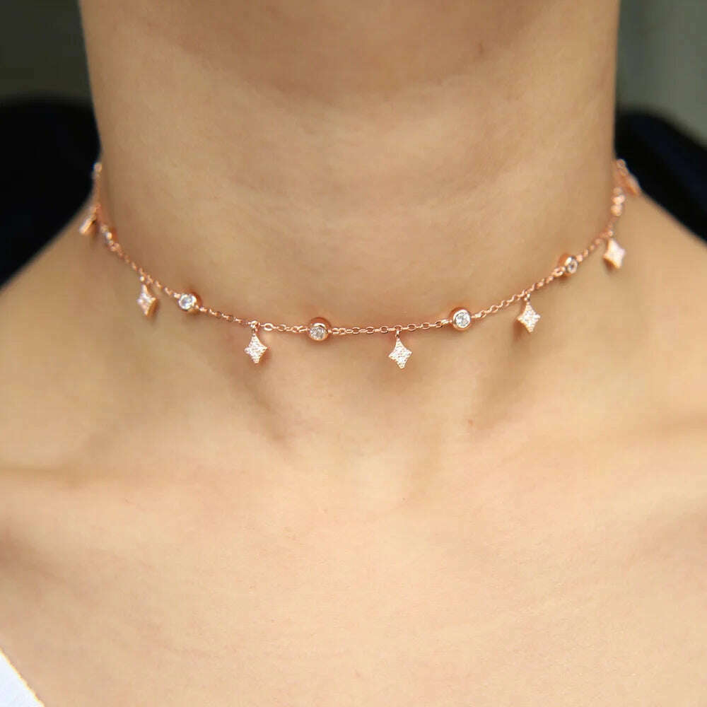 Dainty 925 Sterling Silver Cz White Round Delicate Layer Choker Necklace Hot Fashion Elegant Jewelry For Women Wedding Gift - KIMLUD