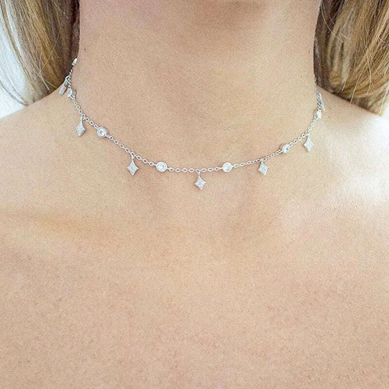 Dainty 925 Sterling Silver Cz White Round Delicate Layer Choker Necklace Hot Fashion Elegant Jewelry For Women Wedding Gift - KIMLUD