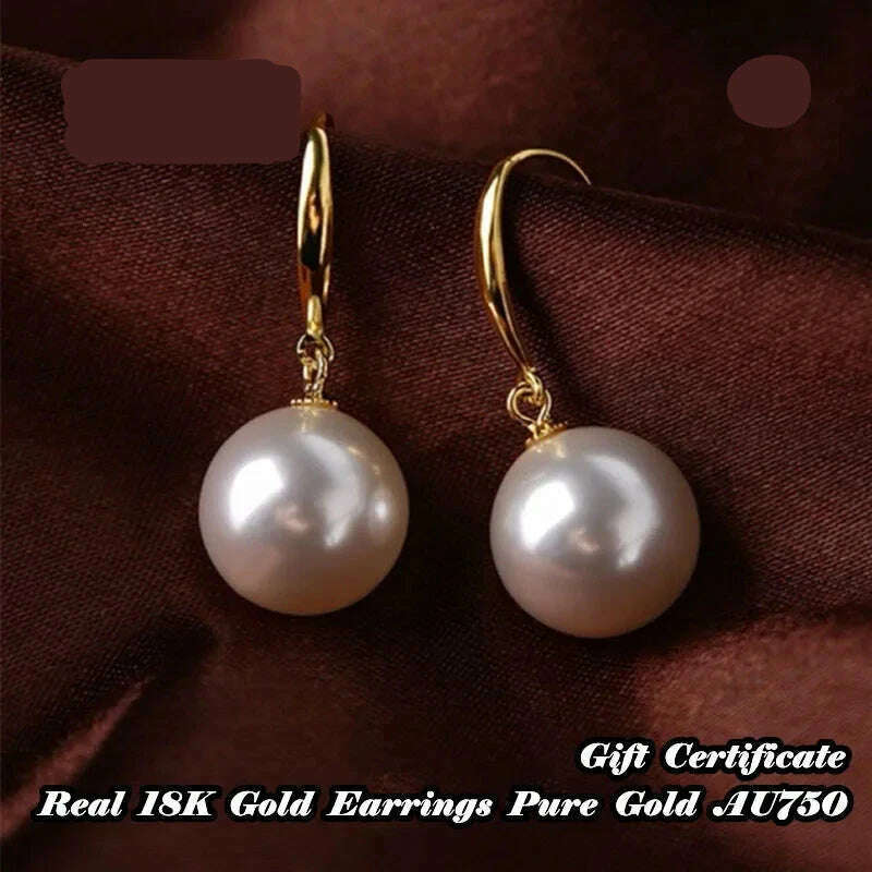 KIMLUD, DALLET Women's Round White Pearl Earrings Aaa+ Quality Selected Natural Freshwater Pearls 8ｍｍ-10mm Real 18k Gold Jewelry Au750, KIMLUD Womens Clothes