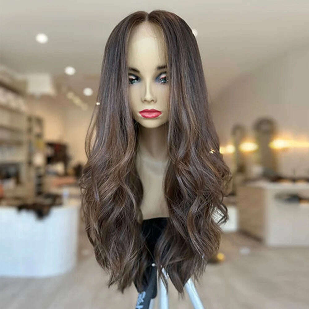 KIMLUD, Dark Chocolate Brown Balayage Wavy Wig Dark Brunette Full Lace Human Hair Wig 150% Density Lace Front Wig 26” 13x6 Glueless, KIMLUD Womens Clothes