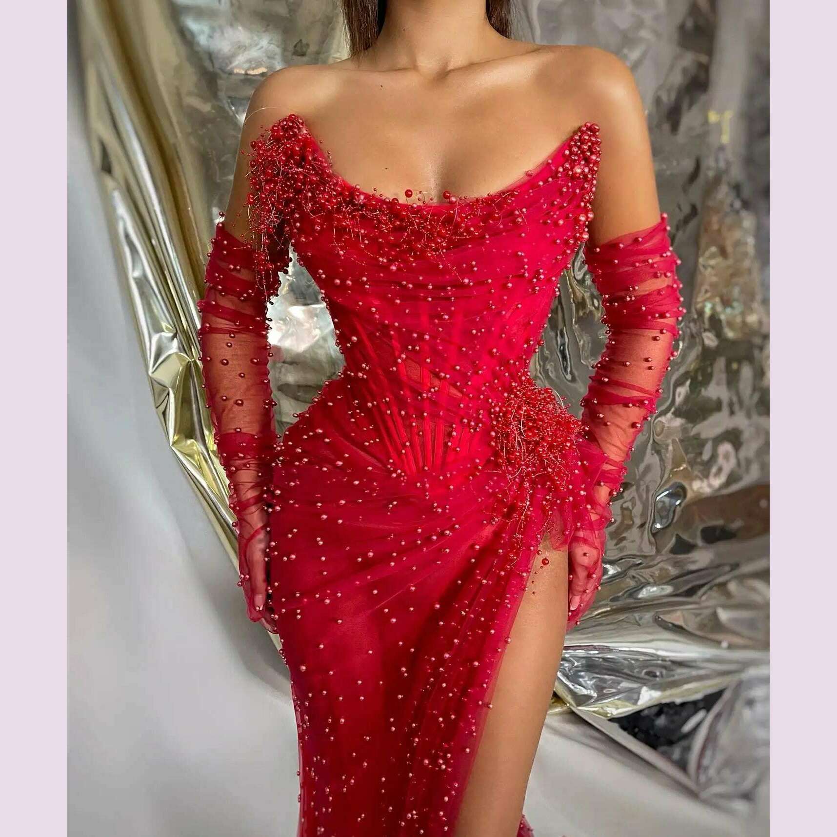 KIMLUD, Dark Red Luxury Pearls Prom Dresses with Detachable Sleeves Gloves Sexy Strapless High Slit Formal Evening Dress Long Party Gown, KIMLUD Womens Clothes