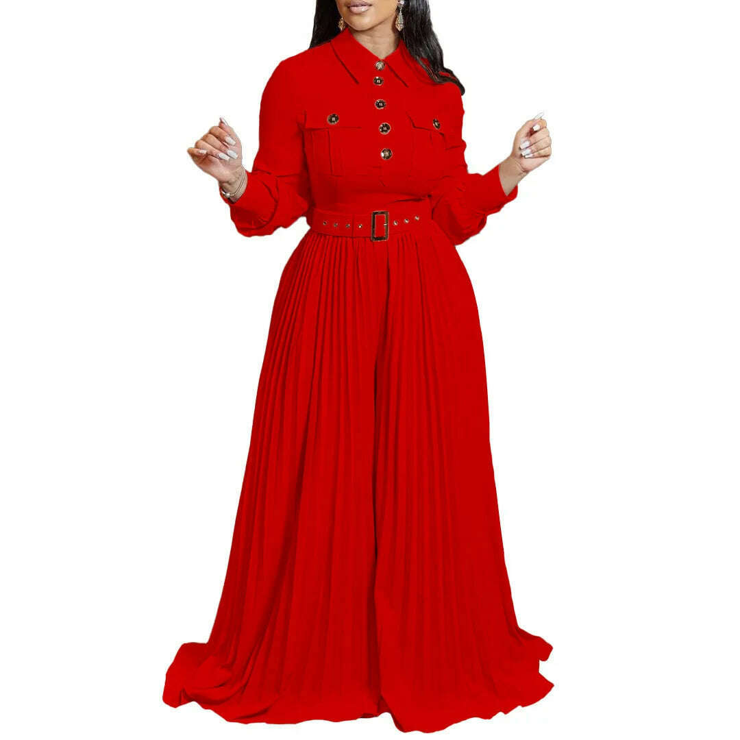 KIMLUD, Dashiki African Elegant Fashion Women Pleated Jumpsuits Long Sleeve Wide Leg Pants Rompers Party Office Outfits With Belt 2023, Red / L, KIMLUD APPAREL - Womens Clothes