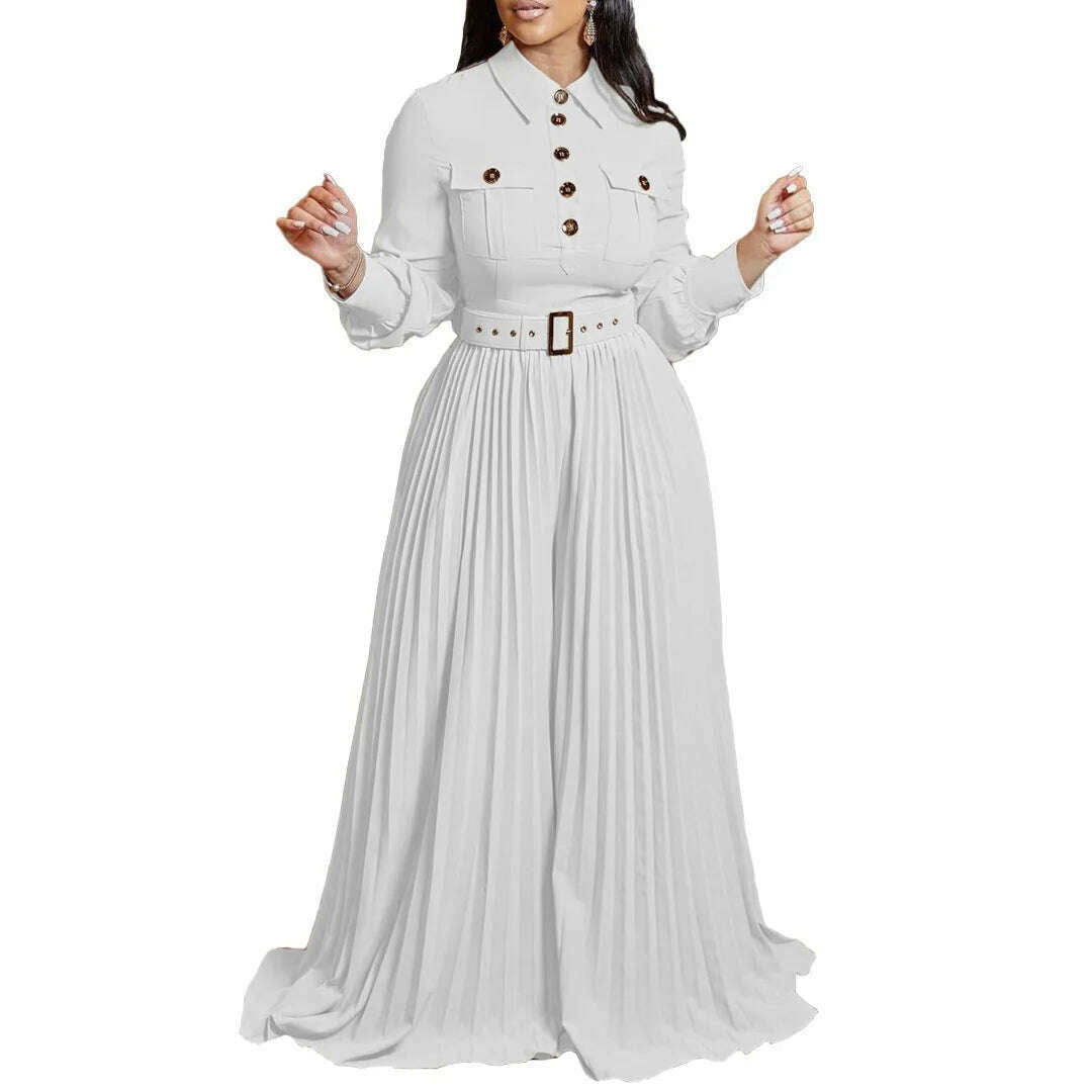 KIMLUD, Dashiki African Elegant Fashion Women Pleated Jumpsuits Long Sleeve Wide Leg Pants Rompers Party Office Outfits With Belt 2023, WHITE / S, KIMLUD APPAREL - Womens Clothes