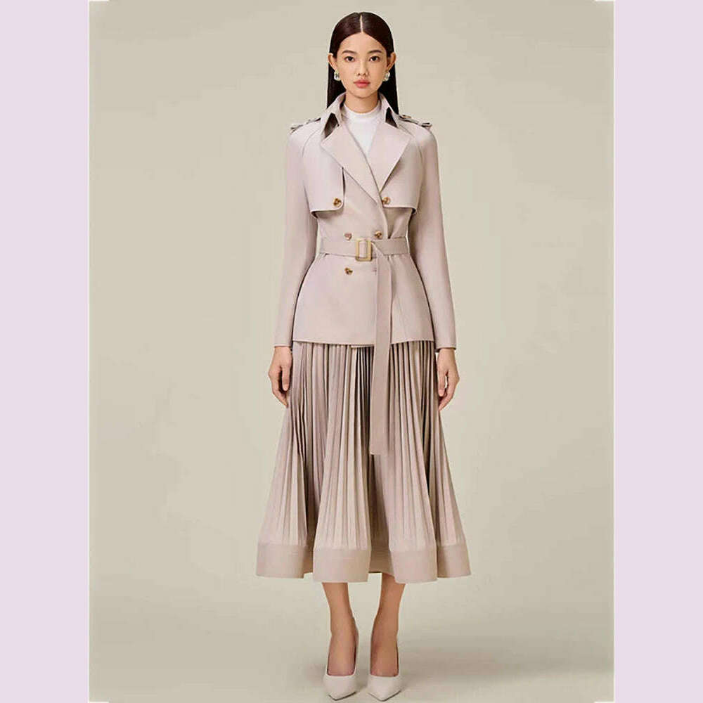 KIMLUD, DEAT 2 Pcs Set Notched Collar Double Breasted Belt Waist Trench Coat Pleated A-line Skirt Women's Suit 2024 Spring New Fashion, Pink grey / XL, KIMLUD APPAREL - Womens Clothes