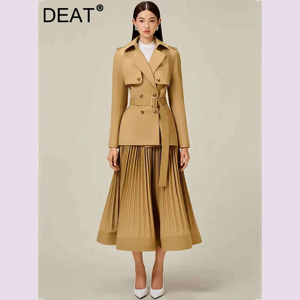 KIMLUD, DEAT 2 Pcs Set Notched Collar Double Breasted Belt Waist Trench Coat Pleated A-line Skirt Women's Suit 2024 Spring New Fashion, KIMLUD Womens Clothes