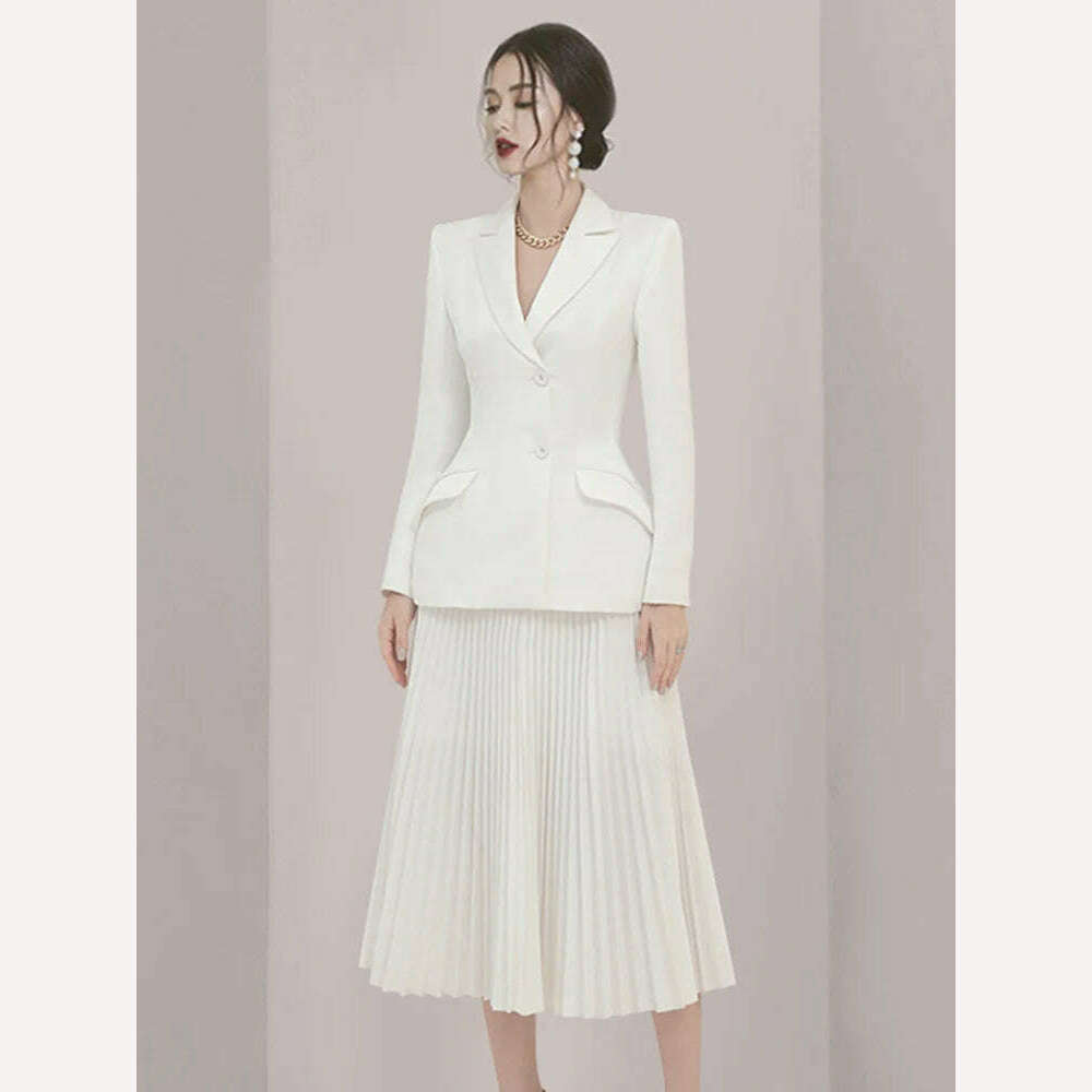 KIMLUD, DEAT 2024 Autumn Women Blazer 2 Pieces Set Full Sleeve Solid Color Coat Folds High Waist Skirt Elegant Female Fashion 15G7260, Beige / M, KIMLUD APPAREL - Womens Clothes