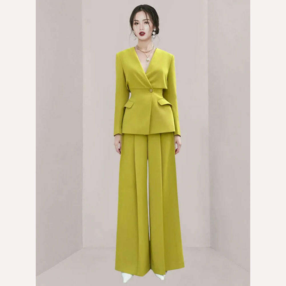 KIMLUD, DEAT Elegant Wide Leg Pants Set Long Sleeve V-Neck Blazer Gathered Waist Loose Office Lady Ensemble Spring New 2024, KIMLUD Womens Clothes