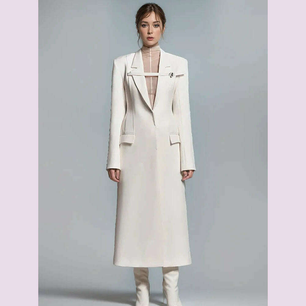 DEAT Fashion Women Trench Coat Notched Collar High Waist Front Ribbon Covered Button White Windbreaker Spring 2024 New 13DB4256 - KIMLUD