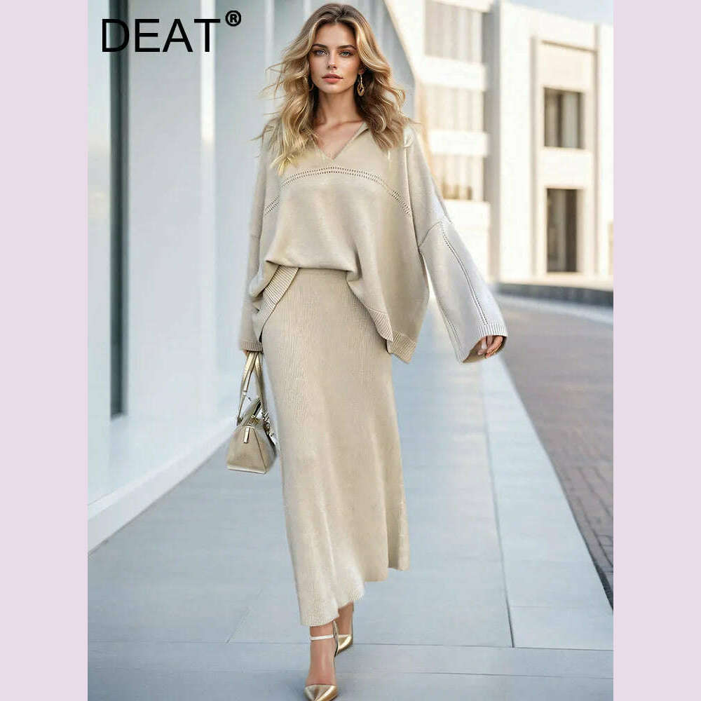 DEAT Fashion Women's 2 Pcs Set V-neck Loose Fit Long Sleeves Sweater High Waist Ankle-length Skirt Suit Autumn 2024 New 7AB4889 - KIMLUD