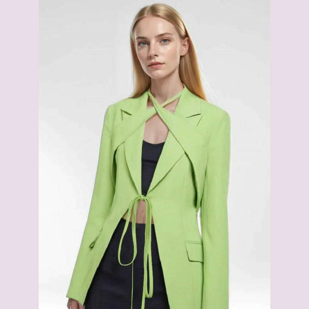 DEAT Fashion Women's Blazer Notched Lace-up Slim Pockets Patchwork Deconstruction Green Suit Jackets Autumn 2024 New Tide CP1984 - KIMLUD