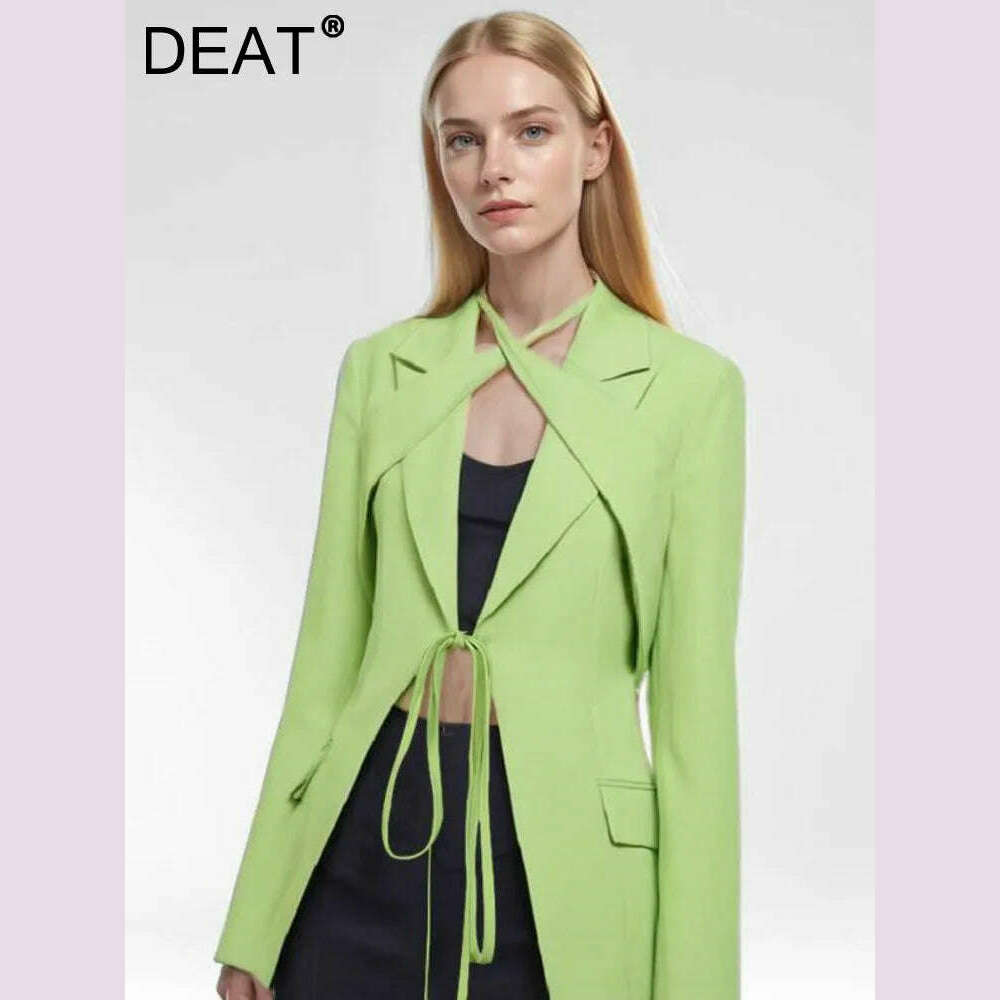 KIMLUD, DEAT Fashion Women's Blazer Notched Lace-up Slim Pockets Patchwork Deconstruction Green Suit Jackets Autumn 2024 New Tide CP1984, KIMLUD Womens Clothes