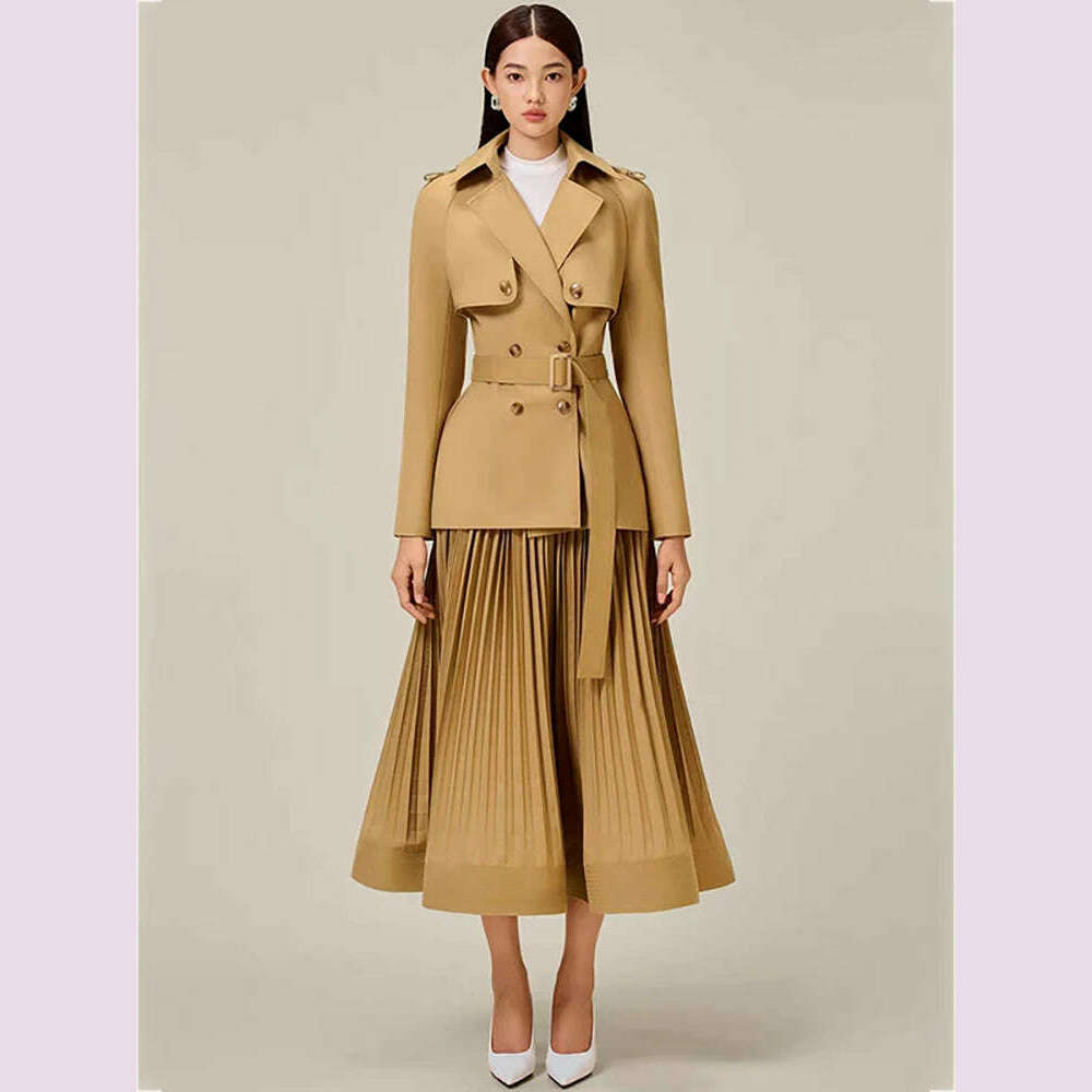 DEAT Women 2 Pcs Set Notched Collar Long Sleeve Double Breasted Belt Coat Folds Skirt Office Lady Suit Autumn 2024 New 13DB4515 - KIMLUD