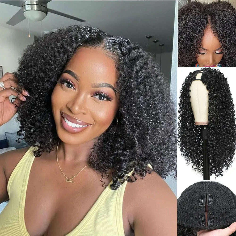 KIMLUD, Deep Curly V Part Wigs Kinky Curly Synthetic Hair Wigs for Black Women Deep Water Wave No Leave Out Full Head Clip In Half Wig, V Part Wig / 16inches, KIMLUD APPAREL - Womens Clothes