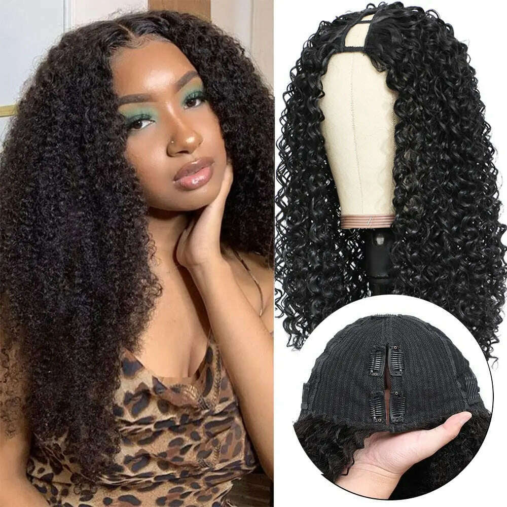 KIMLUD, Deep Curly V Part Wigs Kinky Curly Synthetic Hair Wigs for Black Women Deep Water Wave No Leave Out Full Head Clip In Half Wig, KIMLUD Womens Clothes