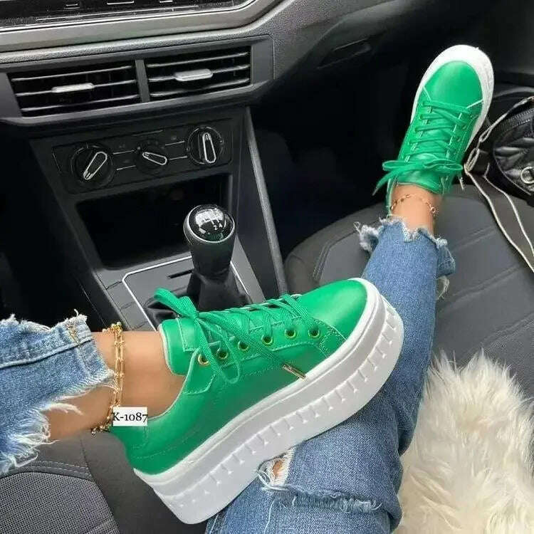 KIMLUD, Designer Women Leather Platform Casual Shoes Fashion Solid Color Chunky Heel Sneakers Flat Sports Shoes Female Zapatillas Mujer, green / 36, KIMLUD APPAREL - Womens Clothes