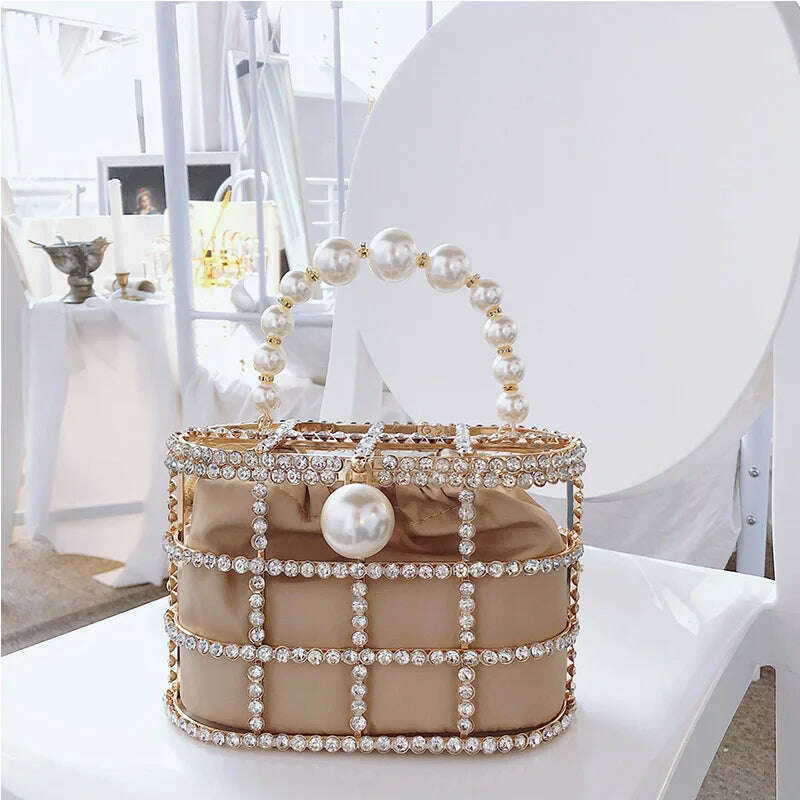 KIMLUD, Diamonds Basket Evening Clutch Bags Women 2019 Luxury Hollow Out Preal Beaded Metallic Cage Handbags Ladies Wedding Party Purse, KIMLUD Womens Clothes