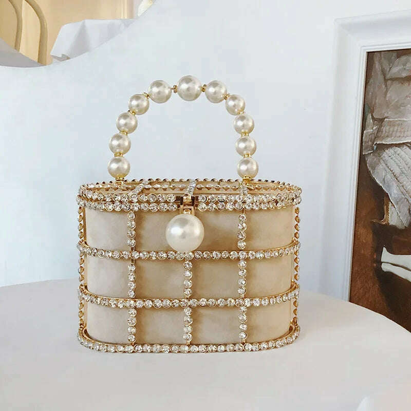 KIMLUD, Diamonds Basket Evening Clutch Bags Women 2019 Luxury Hollow Out Preal Beaded Metallic Cage Handbags Ladies Wedding Party Purse, KIMLUD Womens Clothes