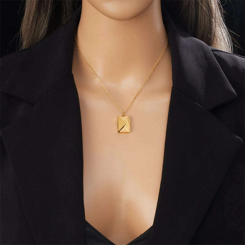 KIMLUD, DIEYURO 316L Stainless Steel Gold Color Envelope Pendant Necklace For Women Fashion New Party Gift Neck Chain Jewelry Colar, KIMLUD Womens Clothes