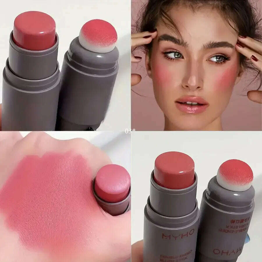 Double head sponge monochrome powder blusher lip and cheek dual-use durable matte natural rouge powder blusher stick light natur - KIMLUD