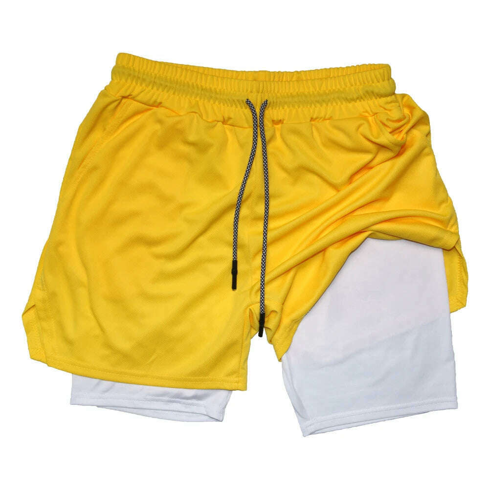 KIMLUD, Double Layer Quick Dry Fitness Training Shorts for Men 2-in-1 Sports Jogging Gym Workout Summer Casual Shorts, yellow / XXL, KIMLUD APPAREL - Womens Clothes