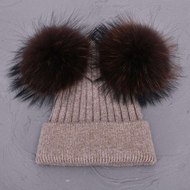 KIMLUD, Double Real Raccoon Fur Pompom Hat Women Winter Caps Knitted Wool Hats Skullies Beanies Girls Female Two Fur Pom Pom Beanie Hat, Brown match fur, KIMLUD APPAREL - Womens Clothes