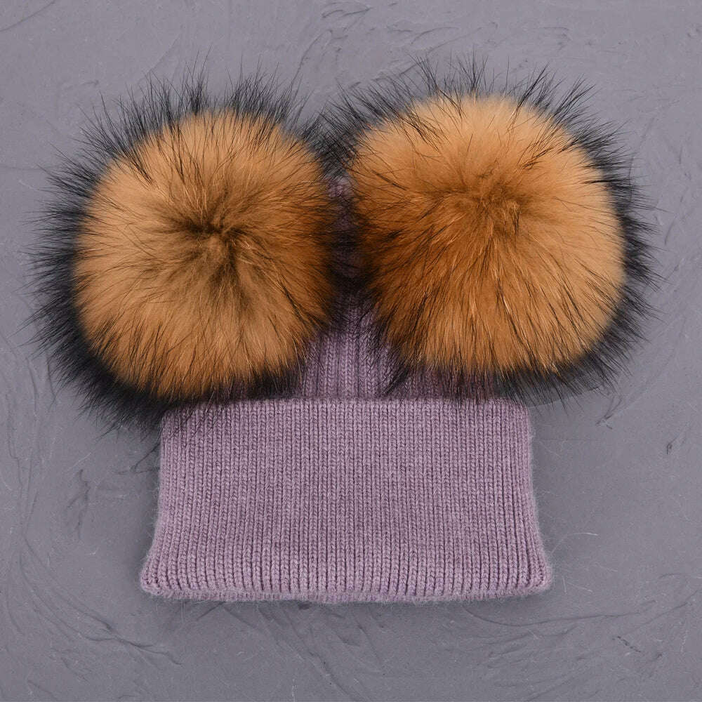 KIMLUD, Double Real Raccoon Fur Pompom Hat Women Winter Caps Knitted Wool Hats Skullies Beanies Girls Female Two Fur Pom Pom Beanie Hat, Purple natural fur, KIMLUD APPAREL - Womens Clothes