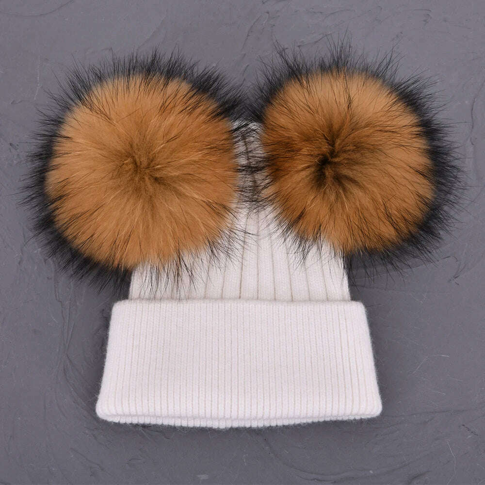 KIMLUD, Double Real Raccoon Fur Pompom Hat Women Winter Caps Knitted Wool Hats Skullies Beanies Girls Female Two Fur Pom Pom Beanie Hat, White natural fur, KIMLUD APPAREL - Womens Clothes